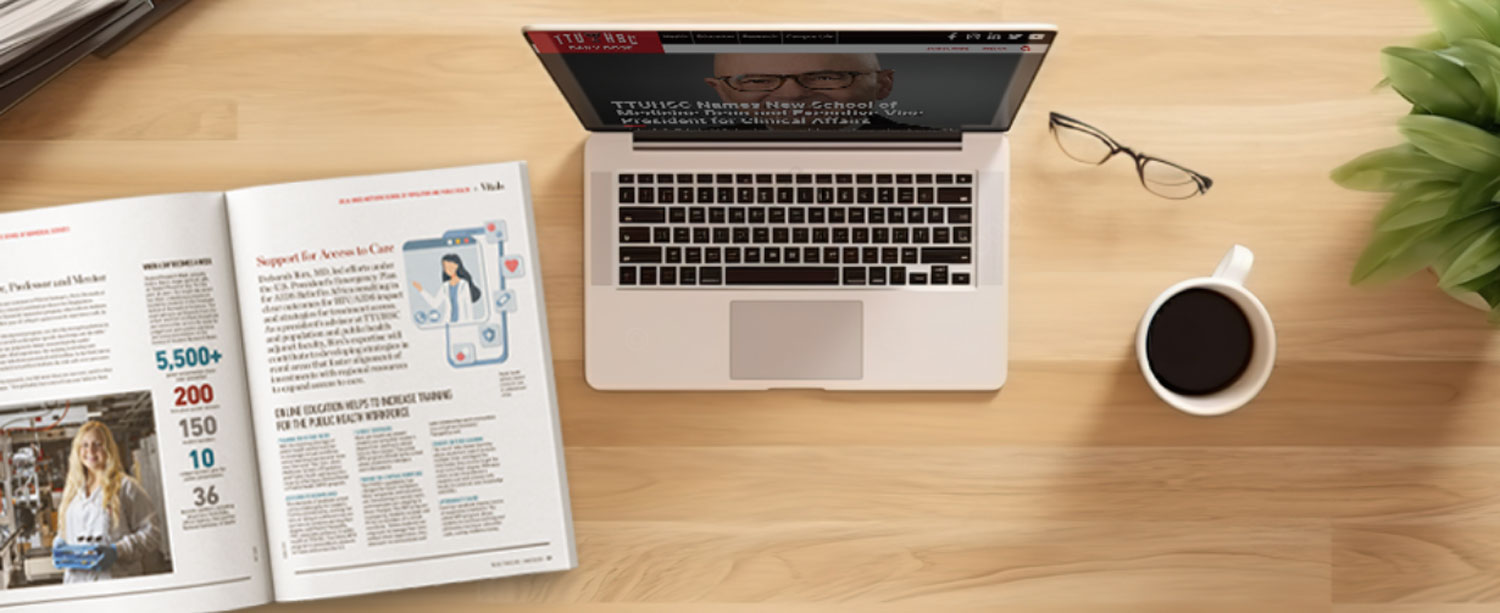 Office of Communications & Marketing hero image with laptop, print items & camera