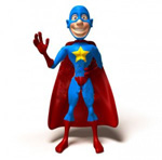 A graphic of a generic superhero in a blue costume with red cape