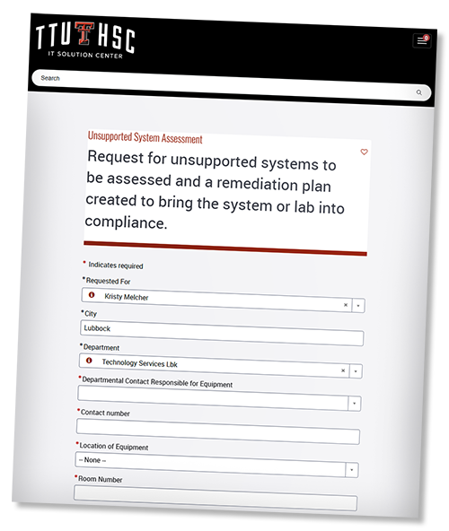 Image of the internet form to request an unsupported device or equipment assessment