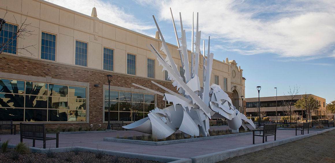 Odessa Academic Classroom Building with metal sculpture out front