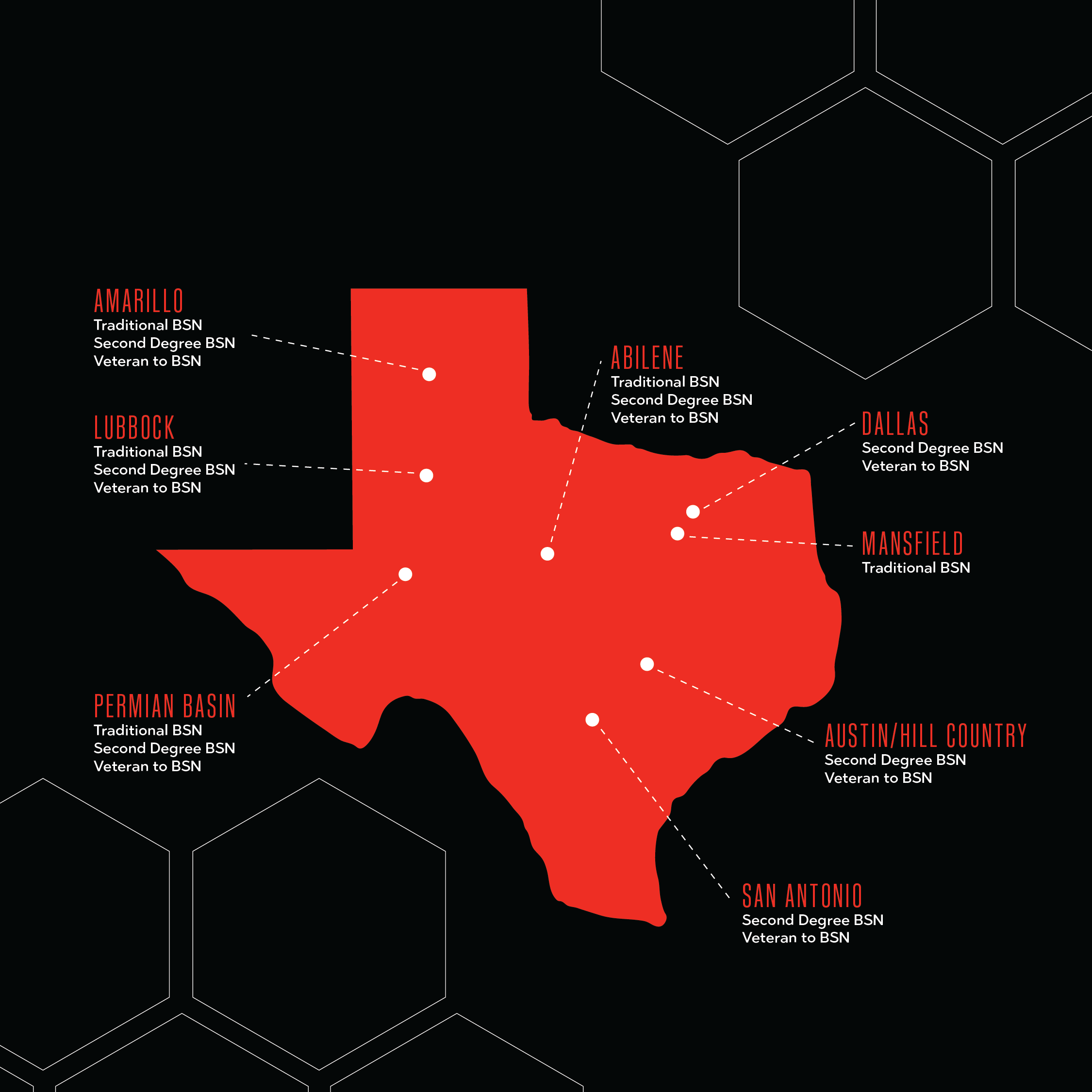 map depiction son locations and programs by bullet points and arrows