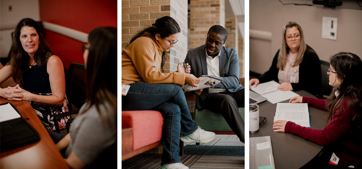 various images of professors and counselors with students