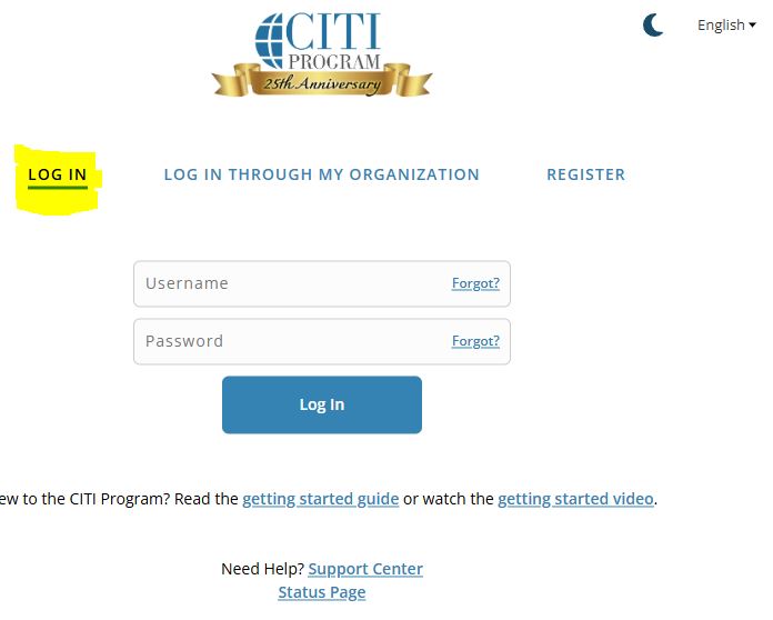 CITI Log in page