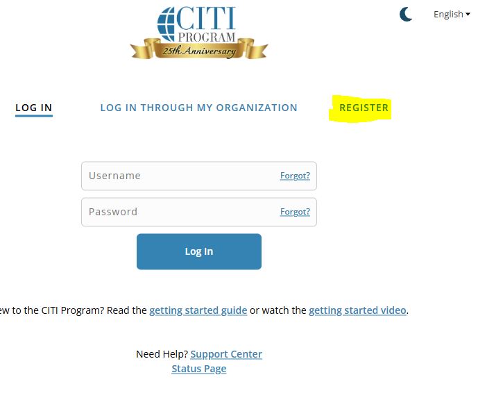 CITI Register page